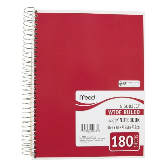 Mead Spiral Notebook, Wide Ruled, 5 Subject, 180 Sheets
