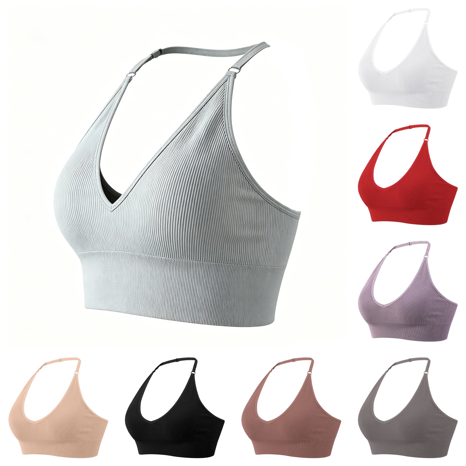 Women s Halterneck Sports Bra Backless V Neck Padded Gym Push Up Bustier Adjustable Straps