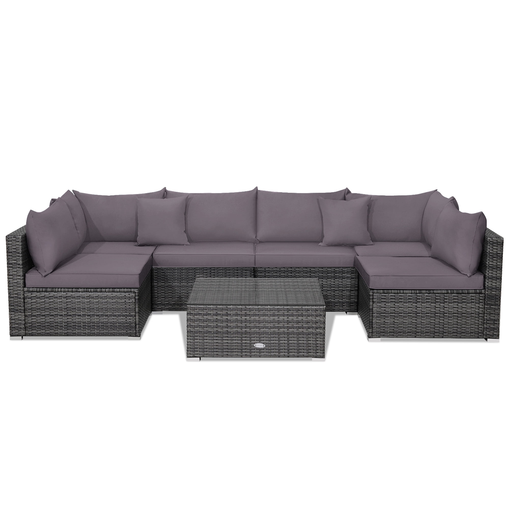 Gymax 7PCS Patio Rattan Sectional Sofa Set Outdoor Furniture Set w/ Grey Cushions