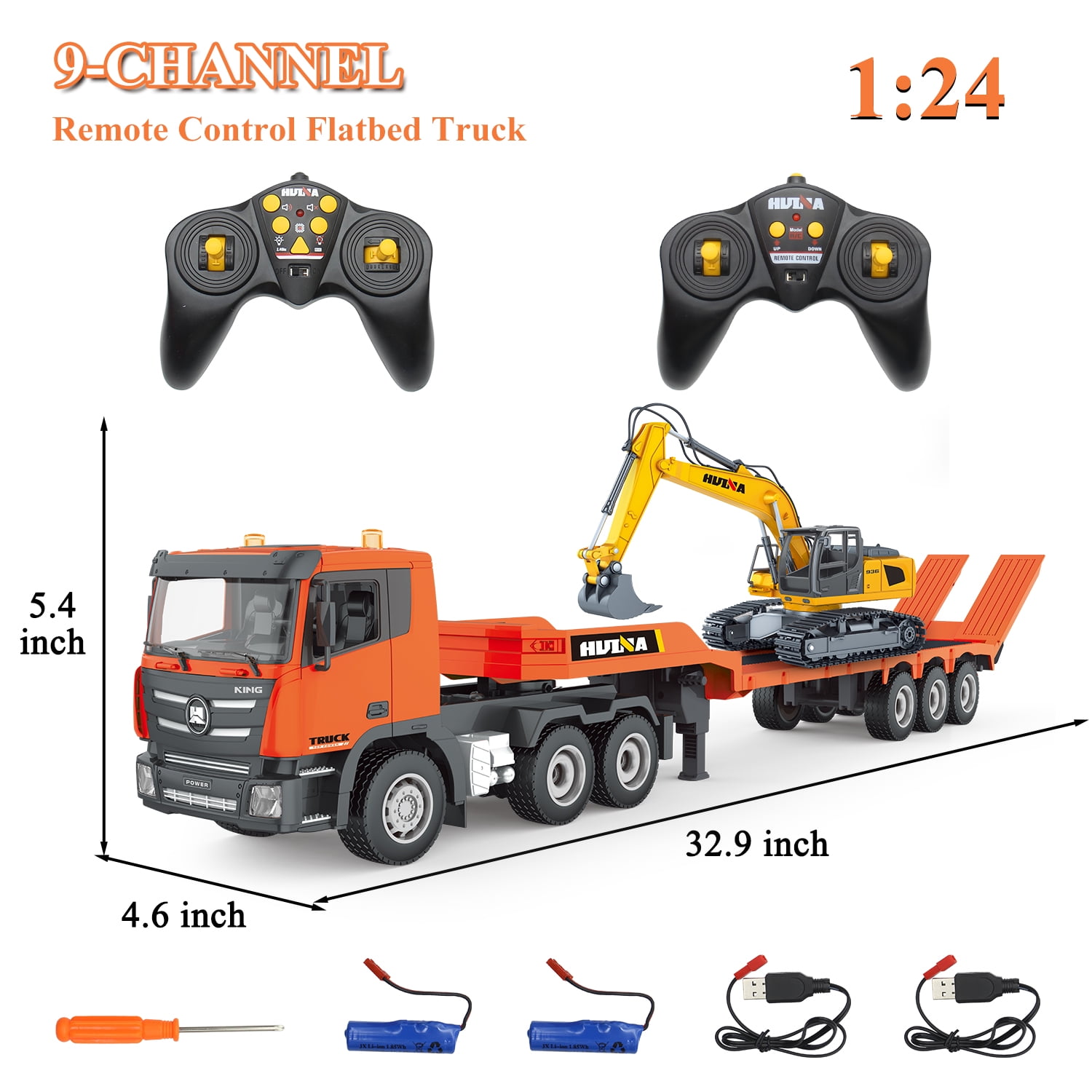 2 in 1 Remote Control Excavator with Flatbed Truck Toys, 1:24 RC Semi-Trailer Engineering Tractor with Sound and Lights, Construction Vehicles Toy for Boys