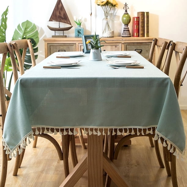 Mantel impermeable de color liso con borlas de algodón y lino de imitación, con encaje geométrico, rectangular, para mesa de comedor y mesa de centro
