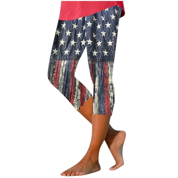 Independence Day Yoga Capris for Womens High Waisted Put On Strech Leggings Usa Flag Star Printed Patriotic Sweatpants Tummy Control Pants Workout Running Gym Yoga Pants