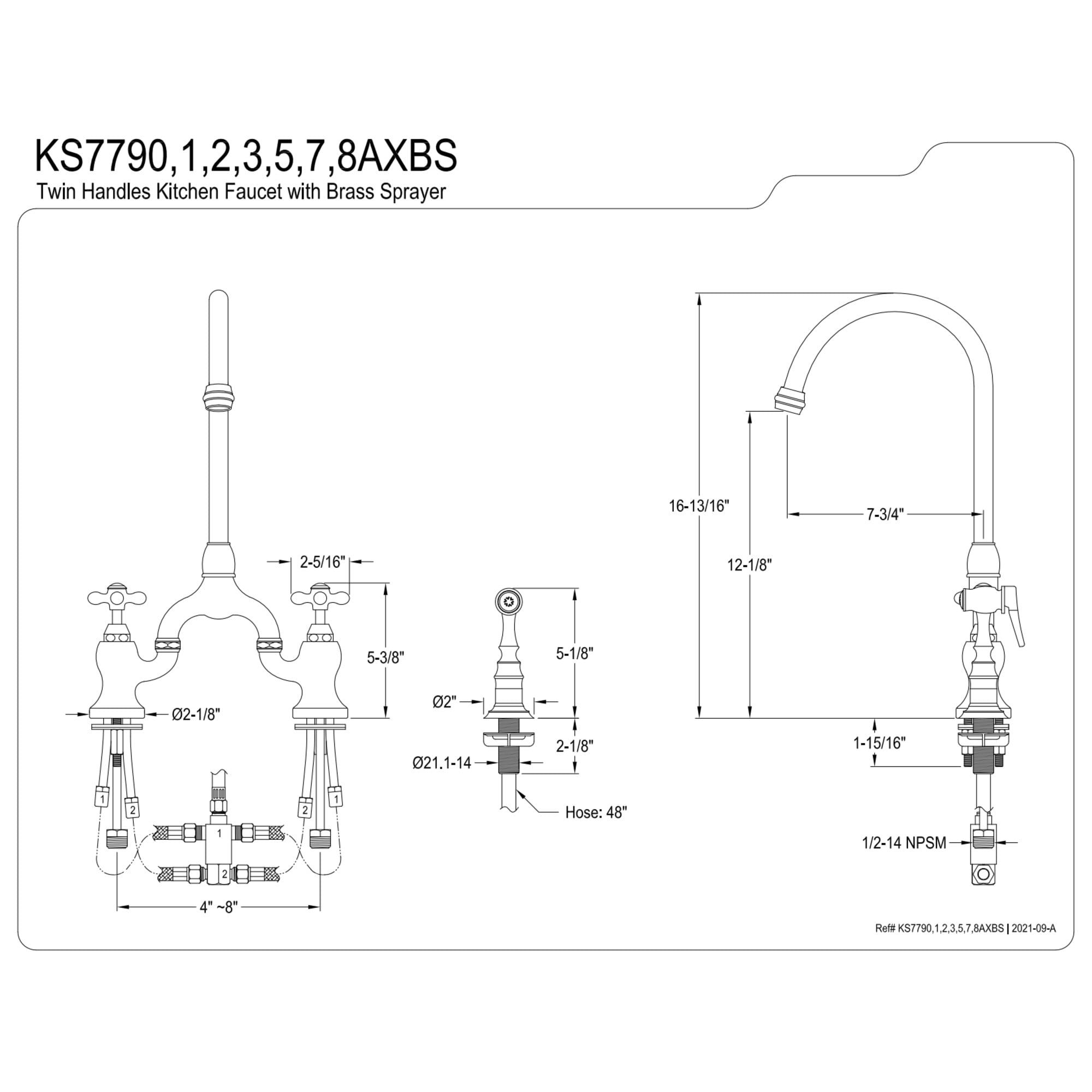 Kingston Brass KS7793AXBS English Country Bridge Kitchen Faucet with Brass Side Sprayer, Antique Brass