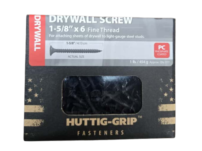 Huttig-Grip Drywall Screws 1-5/8" x #6 – Black Phosphate, Fine Thread, Phillips Bugle Head (Pack of 2)-1200703.2