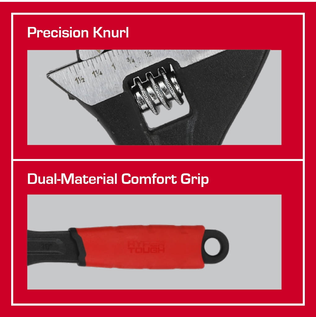 Hyper Tough 12-inch Wide Jaw Adjustable Wrench, Dual Material Comfort Grips