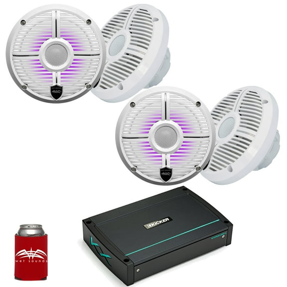 Wet Sounds - Two Pairs Of RECON 6-XWW RGB White LED 6.5" Speakers And A Kicker KXMA400.4 Marine Amplifier