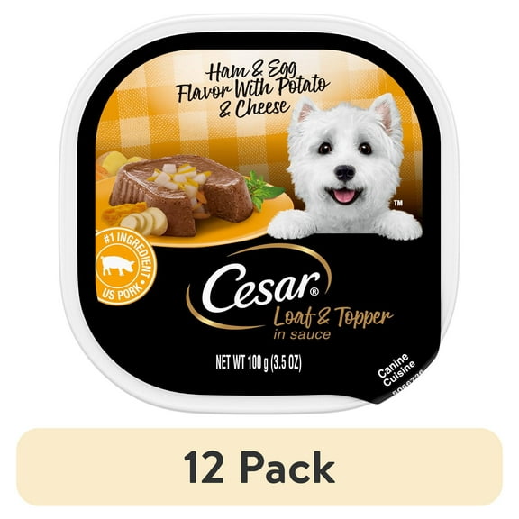 (12 pack) Cesar Loaf And Topper In Sauce Ham And Egg Wet Dog Food, 3.5 Oz Tray