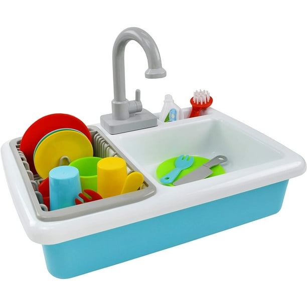 Jimmy's Toys Kids Play Pretend Dish Washing Sink Basin with Real Working Faucet , Dish Rack