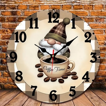 12 Inch Wall Clock, Gnome with Coffee Wooden Round Wall Clocks with Silent Non-Ticking Quartz Movement, Battery Operated, Art Decor Hanging Clock for Kitchen, Bathroom, Bedroom, Living Room