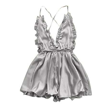 

Women s Dress With Wooden Ear Edge Deep V Neck Neck Tie Backless Lingerie Nightdress