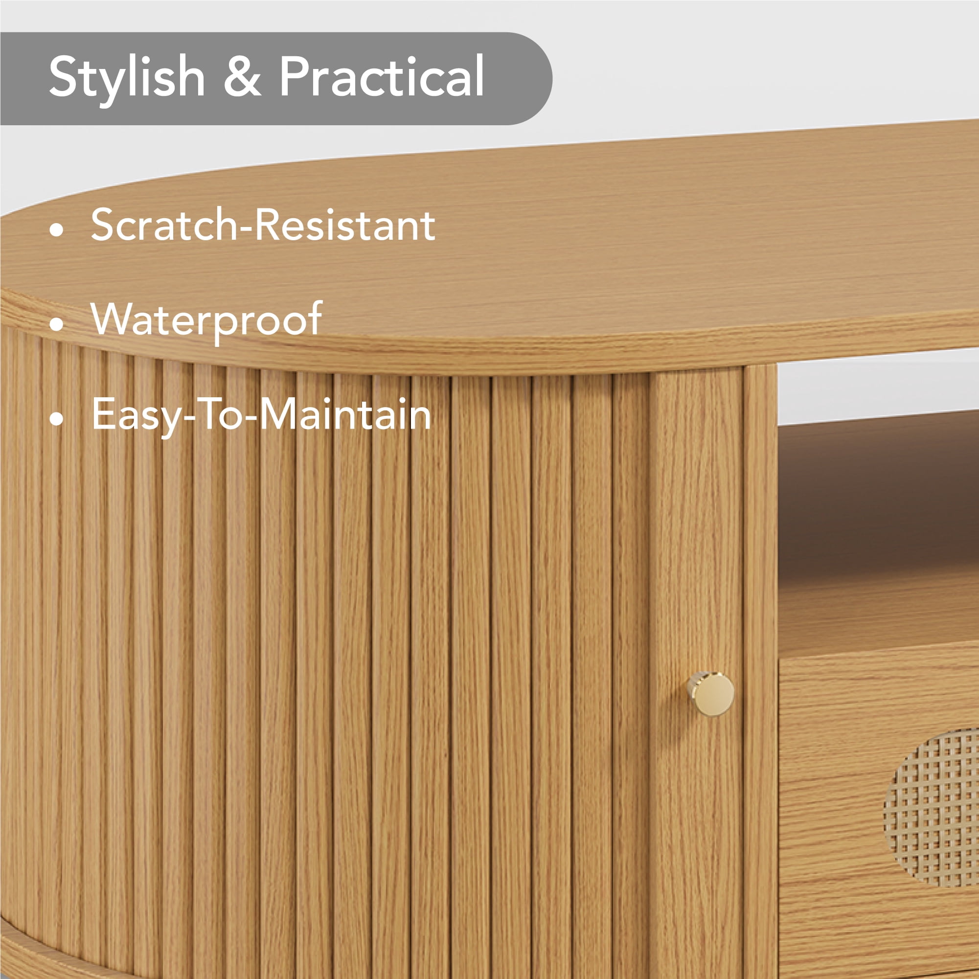 Spruce & Spring 47.2" Mid-Century Modern Rattan Coffee Table with Sliding Doors and Open Storage, Oval Center Table with Rattan Drawer, Solid Wood Legs for Living Room, Oak