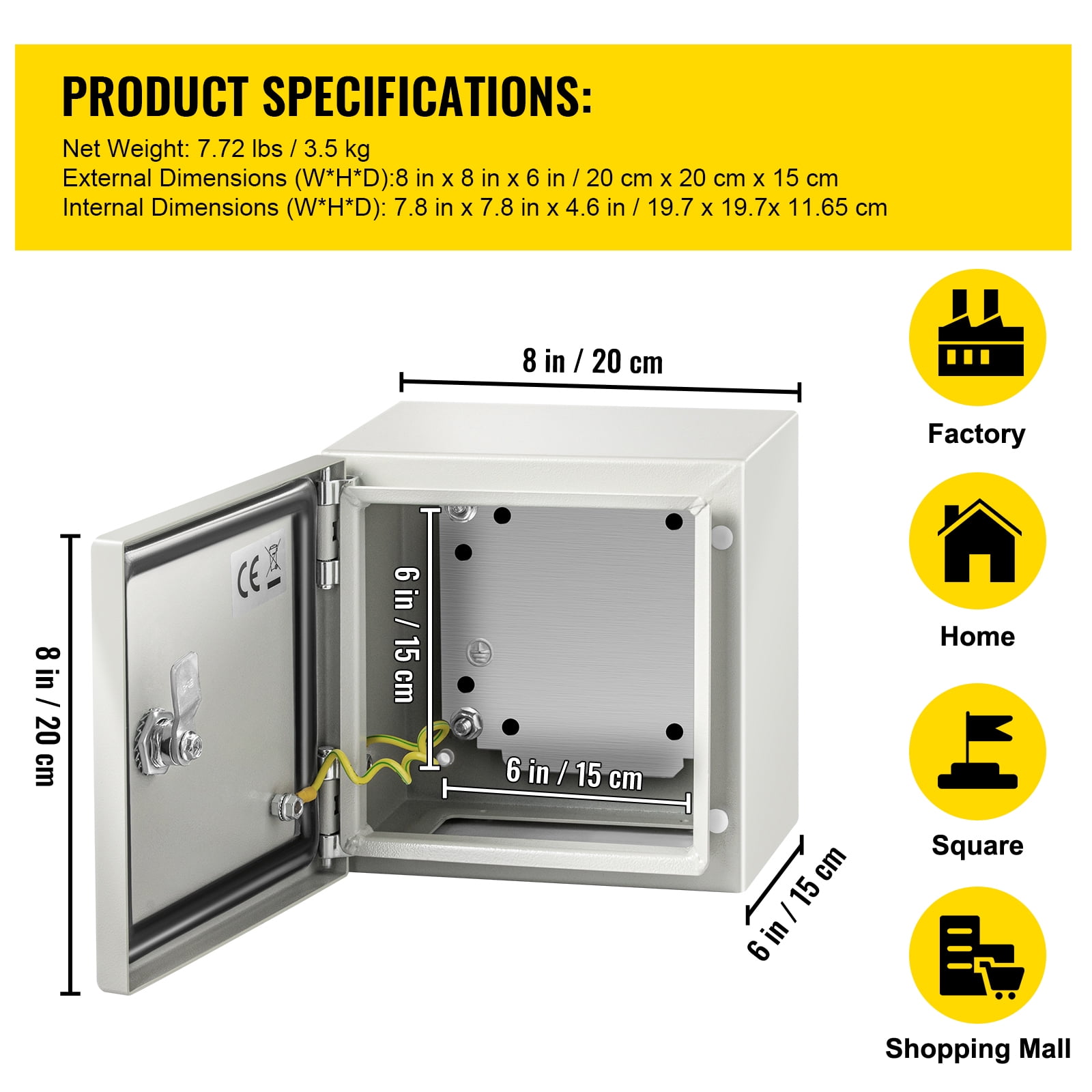SKYSHALO Steel Electrical Box 8” x 8”x 6” Electrical Enclosure Box, Carbon Steel Hinged Junction Box, IP65 Weatherproof Metal Box, Wall-Mounted Electronic Equipment Enclosure Box with Mounting Plate