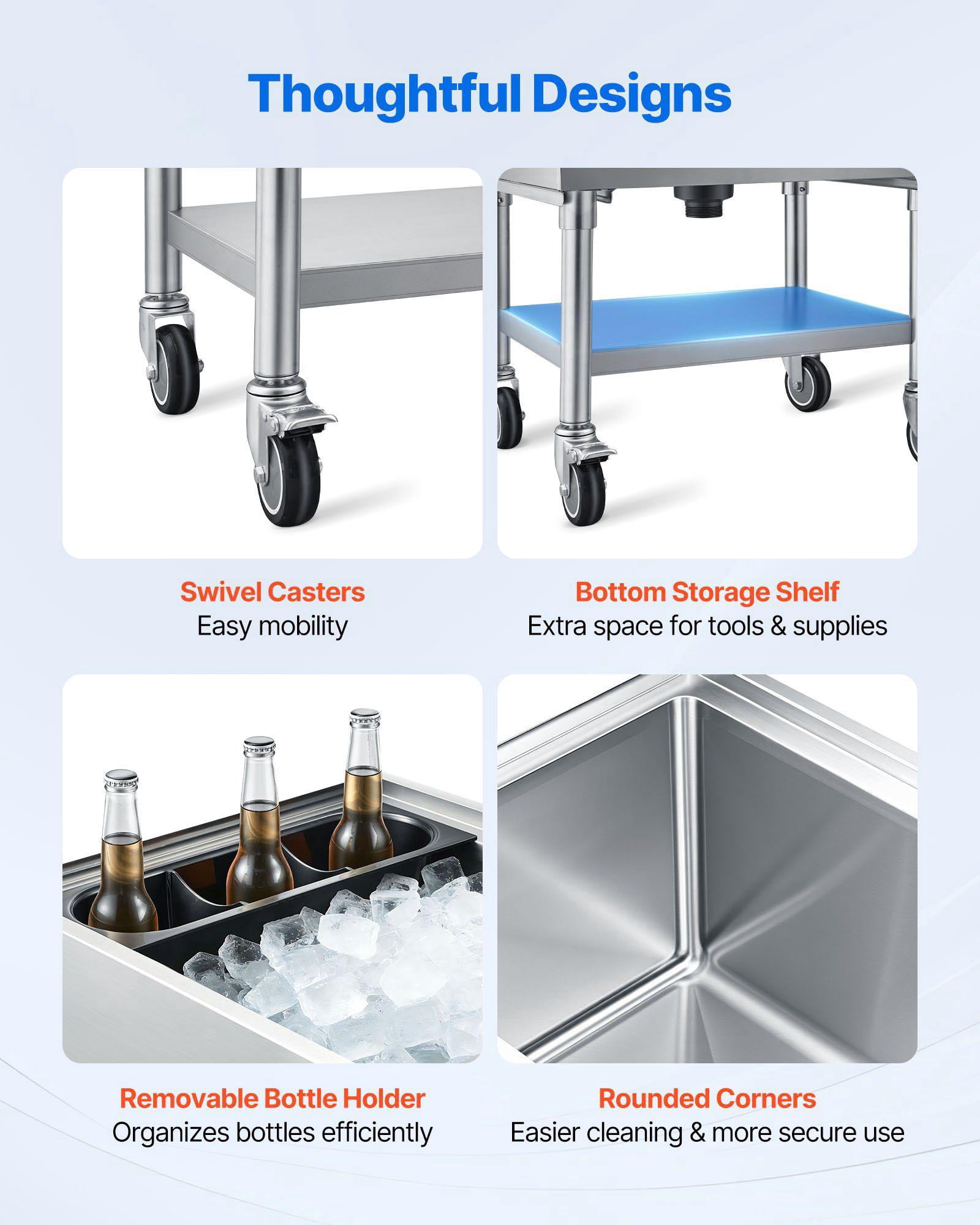 65.1 Qt Stainless Steel Ice Chest with Sliding Lid Bottle Holders NSF Certified Commercial Cooler Cart for Bar Restaurant Pub