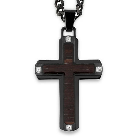 Crucible Black-Plated Stainless Steel Dark Wood Inlay with CZ Cross Pendant