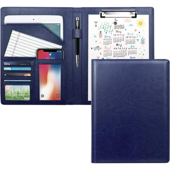 Resume Portfolio Folder Padfolio Clipboard, Writing Portfolio Leather Clipboard with Cover for Legal Pad Holder, Letter Size A4 for Business Conference Notepad Clip Boards, Blue