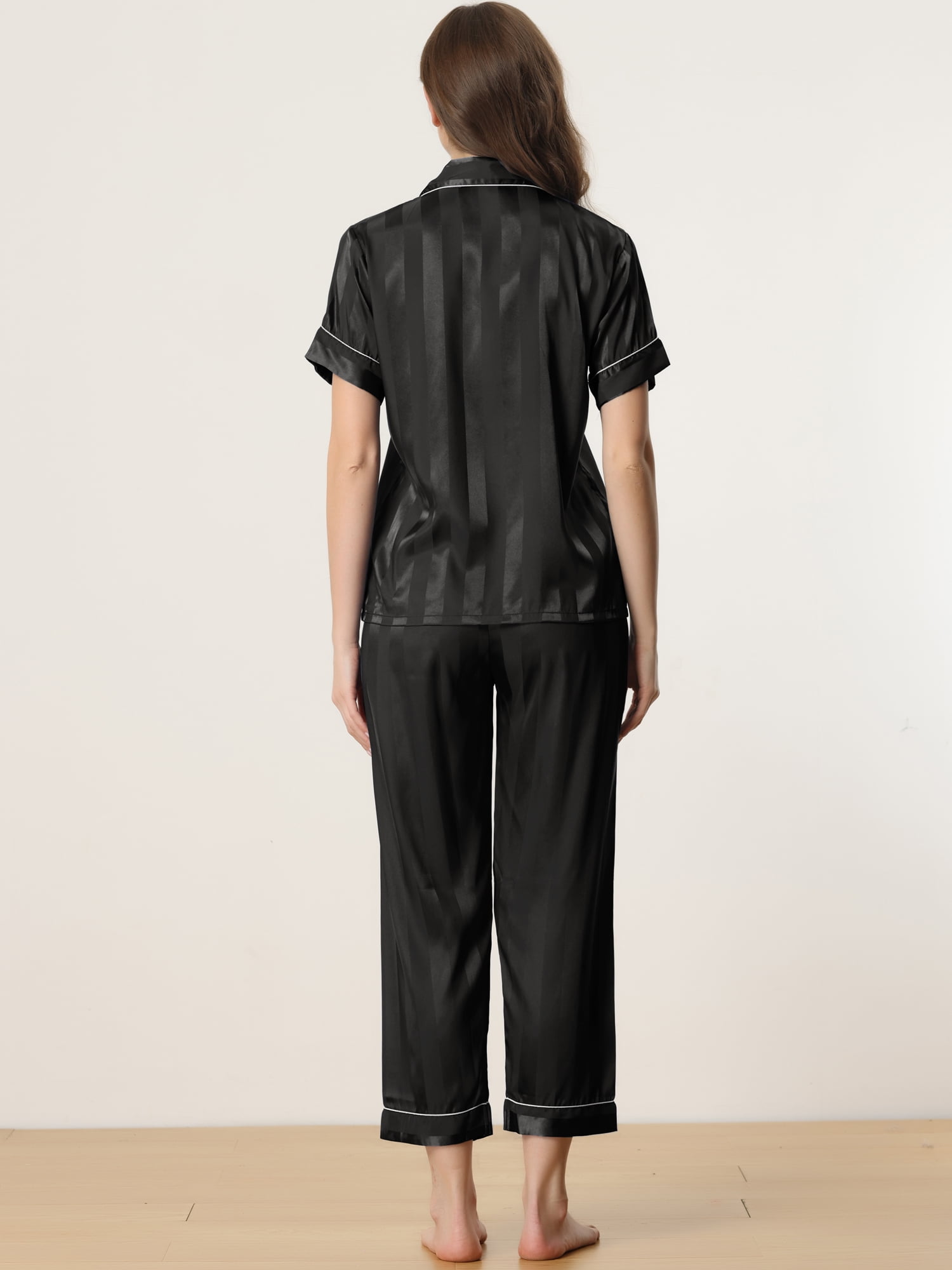 DARING DIVA Women's Satin Button Down Short Sleeve Long Pants Pajama Set XS Black