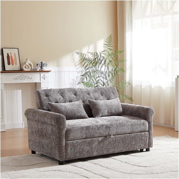 JERFIT 3-in-1 Convertible Loveseat Sofa Bed with USB Charging, Pull Out Sleeper Couch for Small Spaces, Plush Chenille Fabric, Light Gray