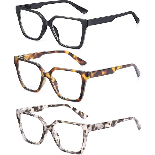 JM 3 Pack Trendy Square Blue Light Blocking Reading Glasses for Women Men, Oversized Computer Readers Spring Hinge