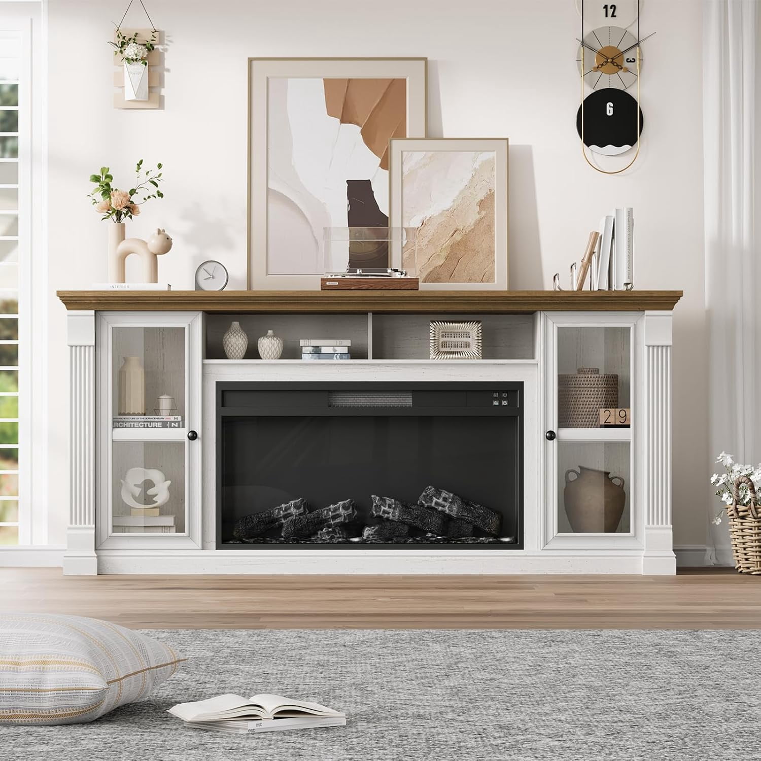 Vecenuy Farmhouse Fireplace TV Stand for 80" TVs, 70" Highboy Entertainment Center with 36" Electric Fireplace & LED Lights, Media Console with Adjustable Shelves for Living Room, Antique White