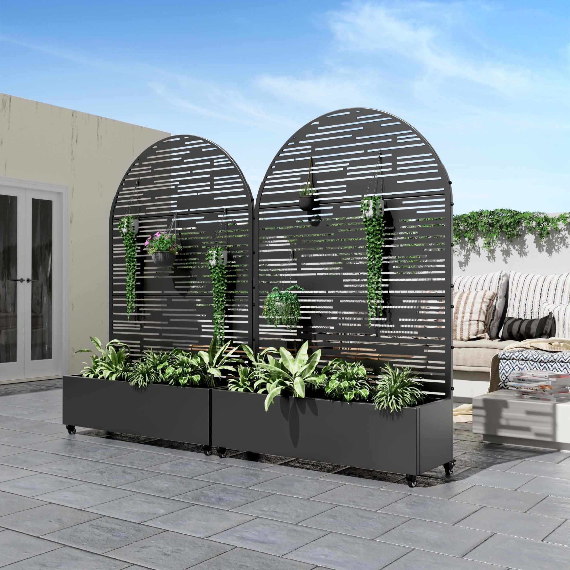 MAYEERTY 72x47x16 Inch Black Metal Arched Planter Box with Trellis for Outdoor Garden & Patio