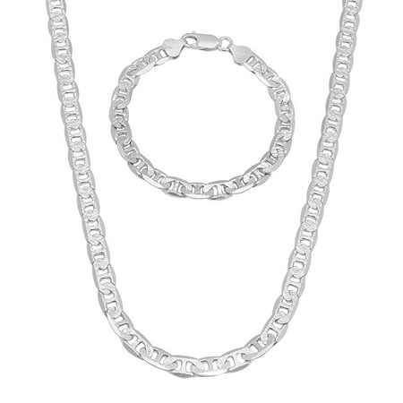 6.3mm .925 Sterling Silver Diamond-Cut Mariner Chain Necklace + Bracelet Set, 18" (Necklace) + 8" (Bracelet) + Gift Box