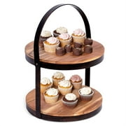 Angle View: BIRDROCK HOME 2-Tier Cupcake and Cake Stand with Handle - Wood Iron Dessert Serving Tray - Rustic Farmhouse Dessert Stand - Modern Party Tiered Server - Table Kitchen Home Display - Round