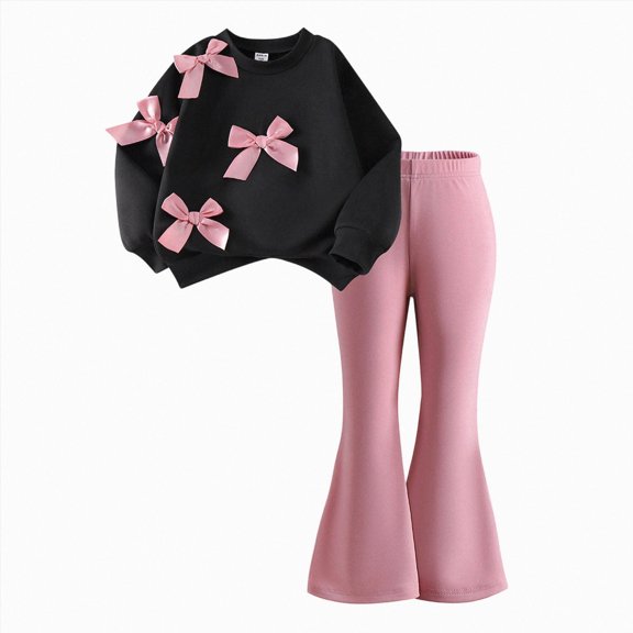 UAYOTSE Girls Solid Color Long Sleeve Bow Detail Sweatshirt Pants 2Pcs Casual Set Size 3-4 Years