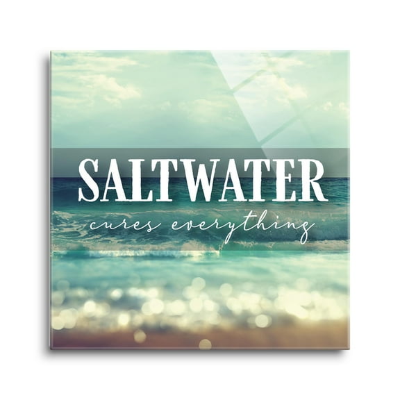 Saltwater Cures Everything Aqua Waves 8 x 8 Glass Wall Hanging Sign