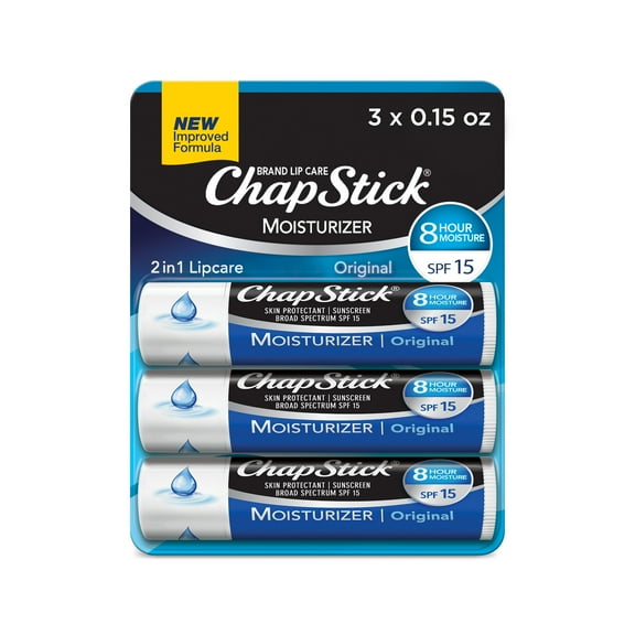 ChapStick Lip Moisturizer and Skin Protectant Lip Balm Tube, Original Flavor, Sunscreen, SPF 15, 0.15 oz, 3 Pack