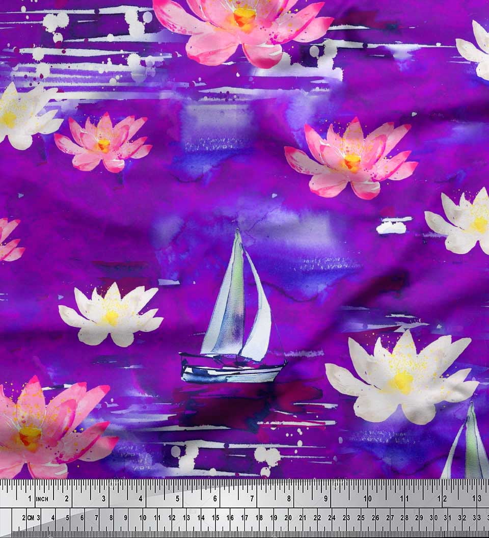 Soimoi Purple Crepe Silk Fabric Yacht Lotus Flower Print Fabric By soimoi-purple-crepe-silk-fabric-yacht-lotus-flower-print-fabric-by