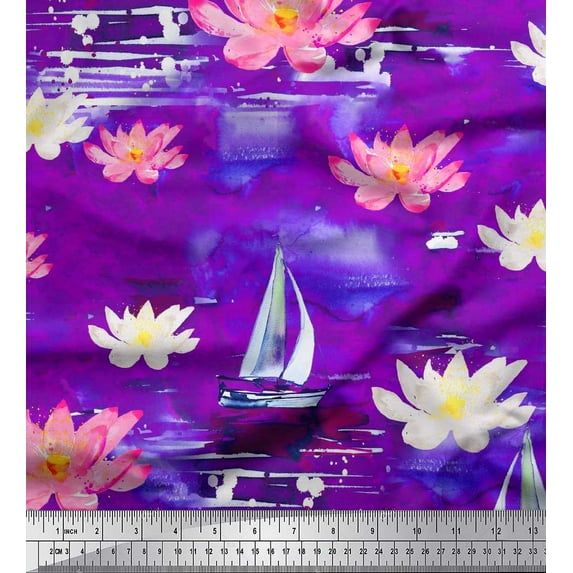 Soimoi Purple Cotton Poplin Fabric Yacht & Lotus Flower Print Fabric by The Yard 56 Inch Wide