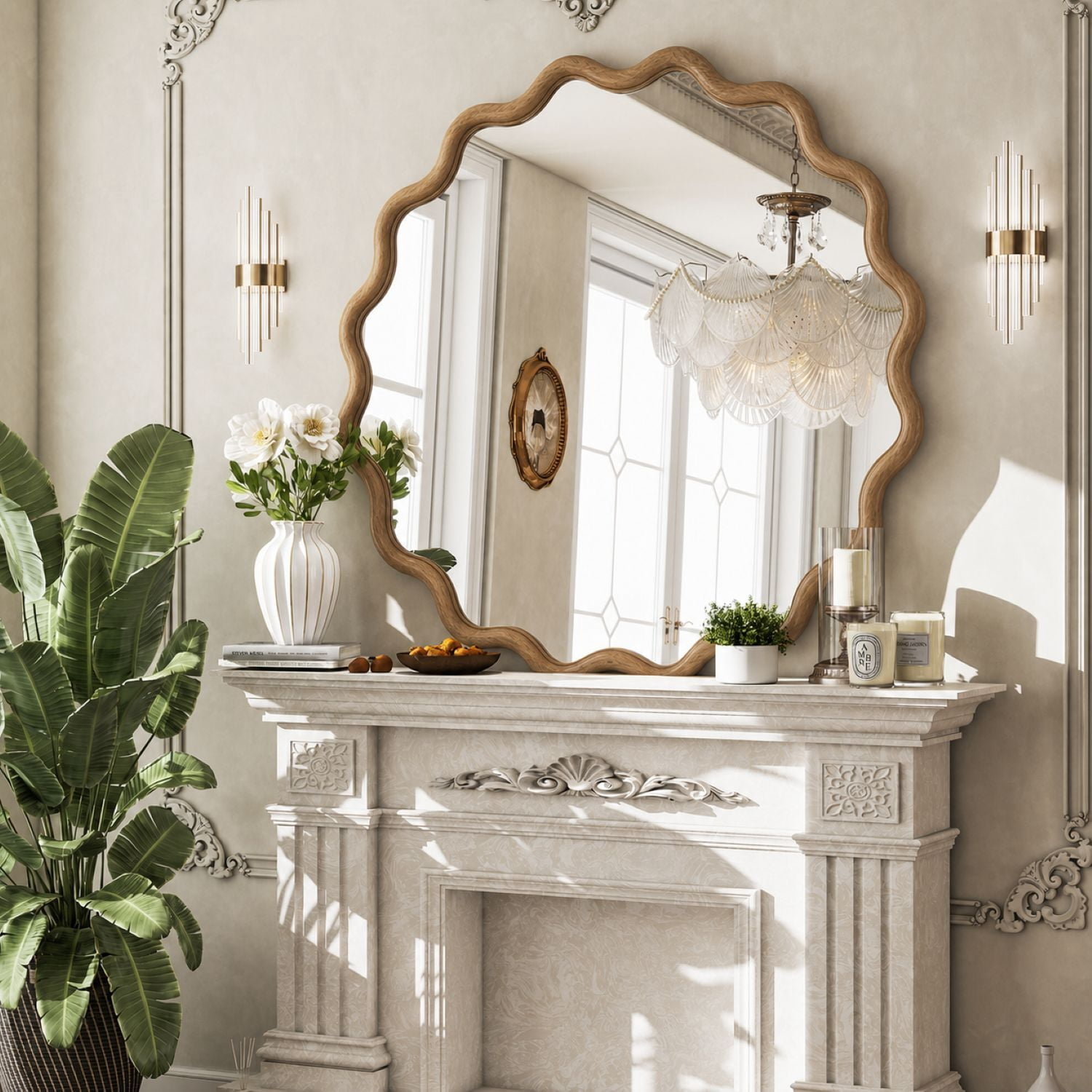 Easy4Home 30" x 30" Wavy Round Bathroom Mirror Wall Decor with Wooden Frame, Natural Wood