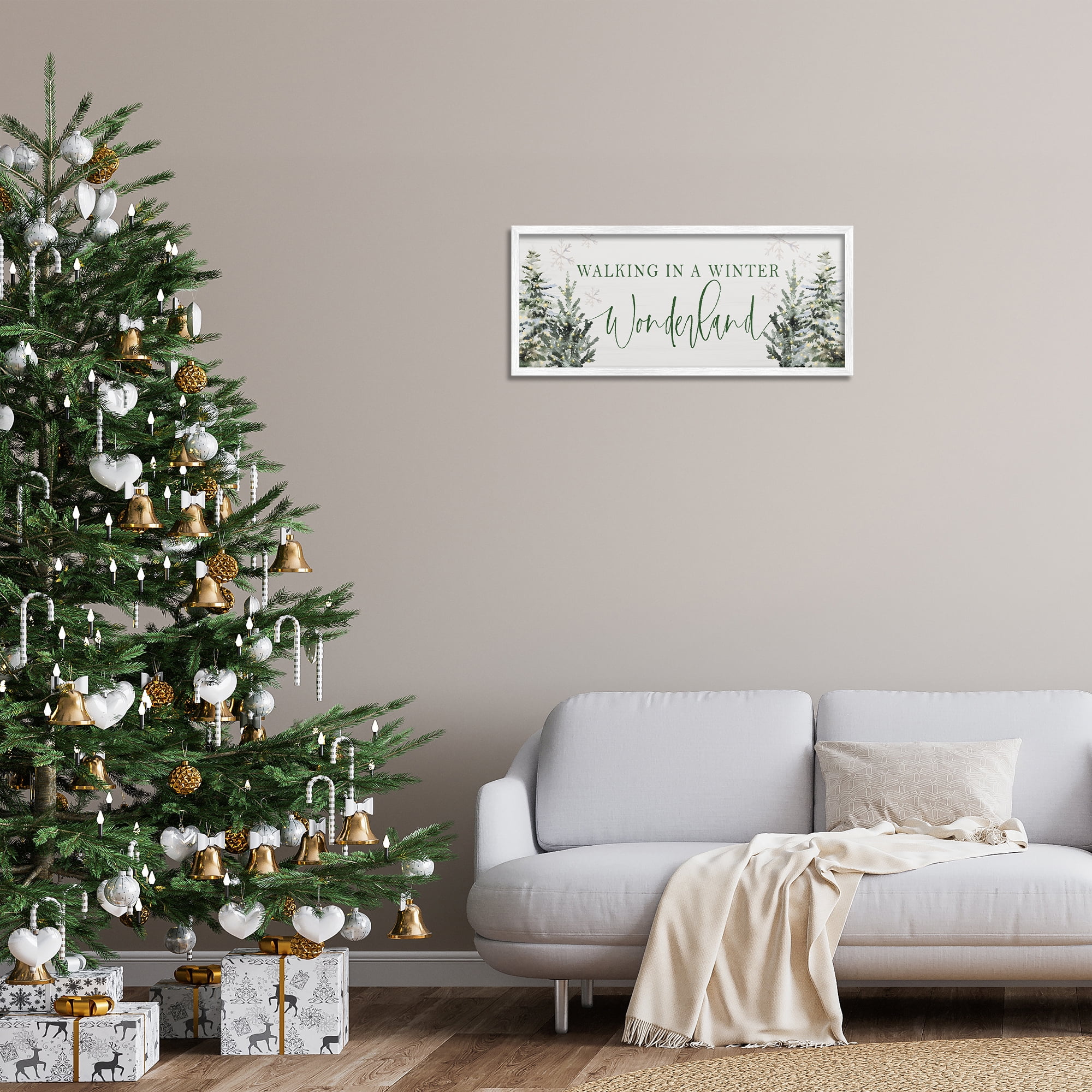 Stupell Industries Winter Wonderland Trees Typography Painting White Framed Art Print Wall Art, 30 x 13