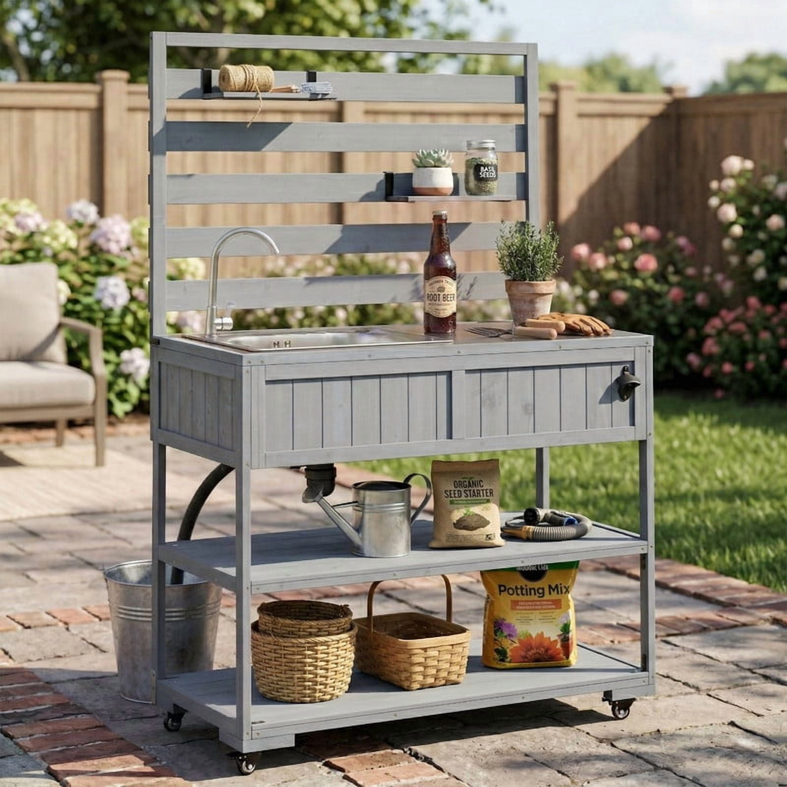Outdoor Kitchen Storage Cart with Faucet & Sink, Rolling Kitchen Island with Bottle Opener, Garden Potting Bench with Raised Shelf
