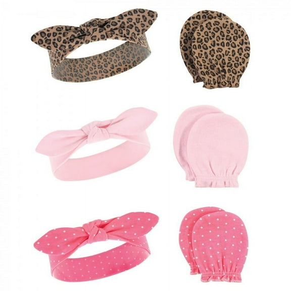 Hudson Baby Infant Girl Cotton Headband and Scratch Mitten 6pc Set, Leopard, 0-6 Months