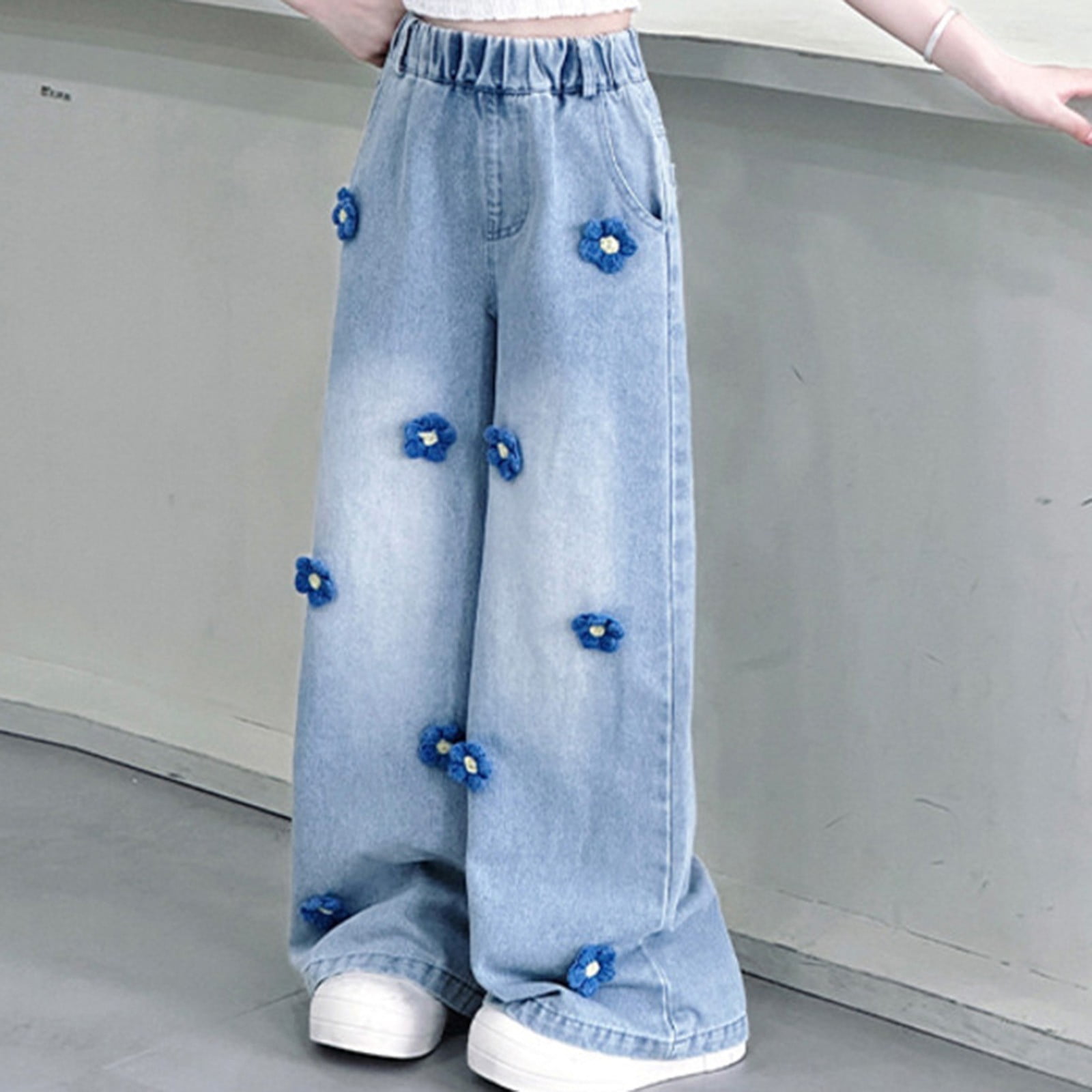 Karoyedx Teen Jeans Girls Baggy Jeans Wide Straight Leg High Waisted Denim Pants Fashion Y2k Boyfriend Skater Streetwear Blue Size,12-13 Years