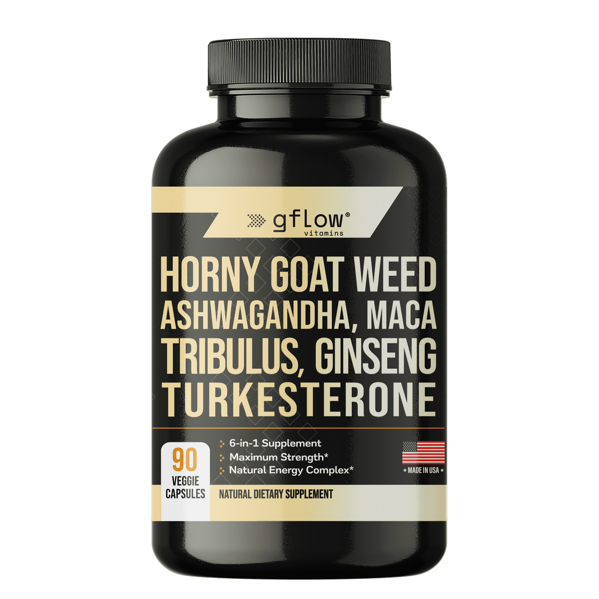 Gflow Vitamins Horny Goat Weed with Ashwagandha, Maca, Tribulus, Ginseng and Turkesterone - 90 vegetable capsules | Made in the USA