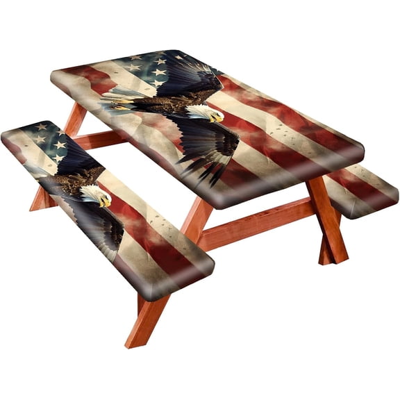 Park Picnic Table Cover with Bench Covers Lightweight Camping Essentials, Oil-Proof Waterproof 3PCS Tablecloth with Elastic, Fitted for Table 6FT Rectangle and Seats, American Flag Eagle (72x30in)