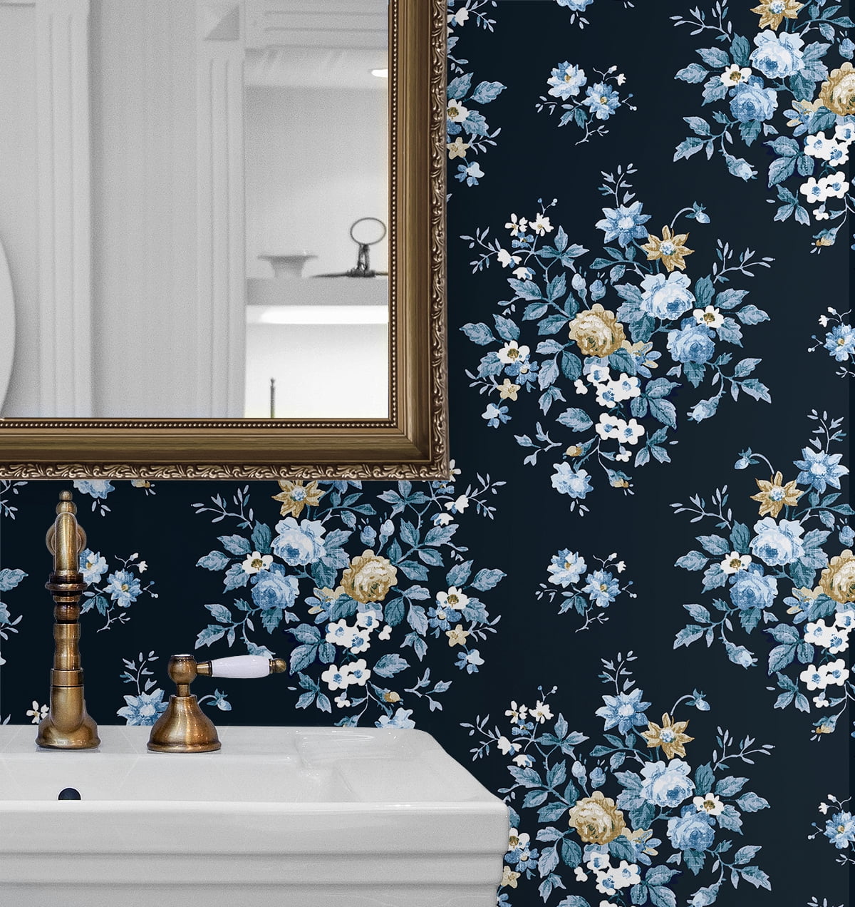 NextWall  Floral Bunches Peel and Stick Wallpaper 20.5 in. W x 18 ft. L - Midnight Blue & Toffee