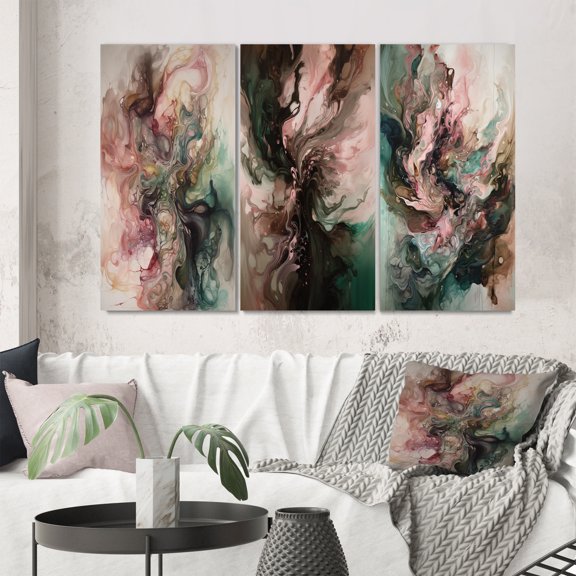 Designart "Inner Worlds of Marble Pink and Green III" Modern Geometric Wall Art Set Of 3 - Pink Abstract Canvas Set For Living Room Decor