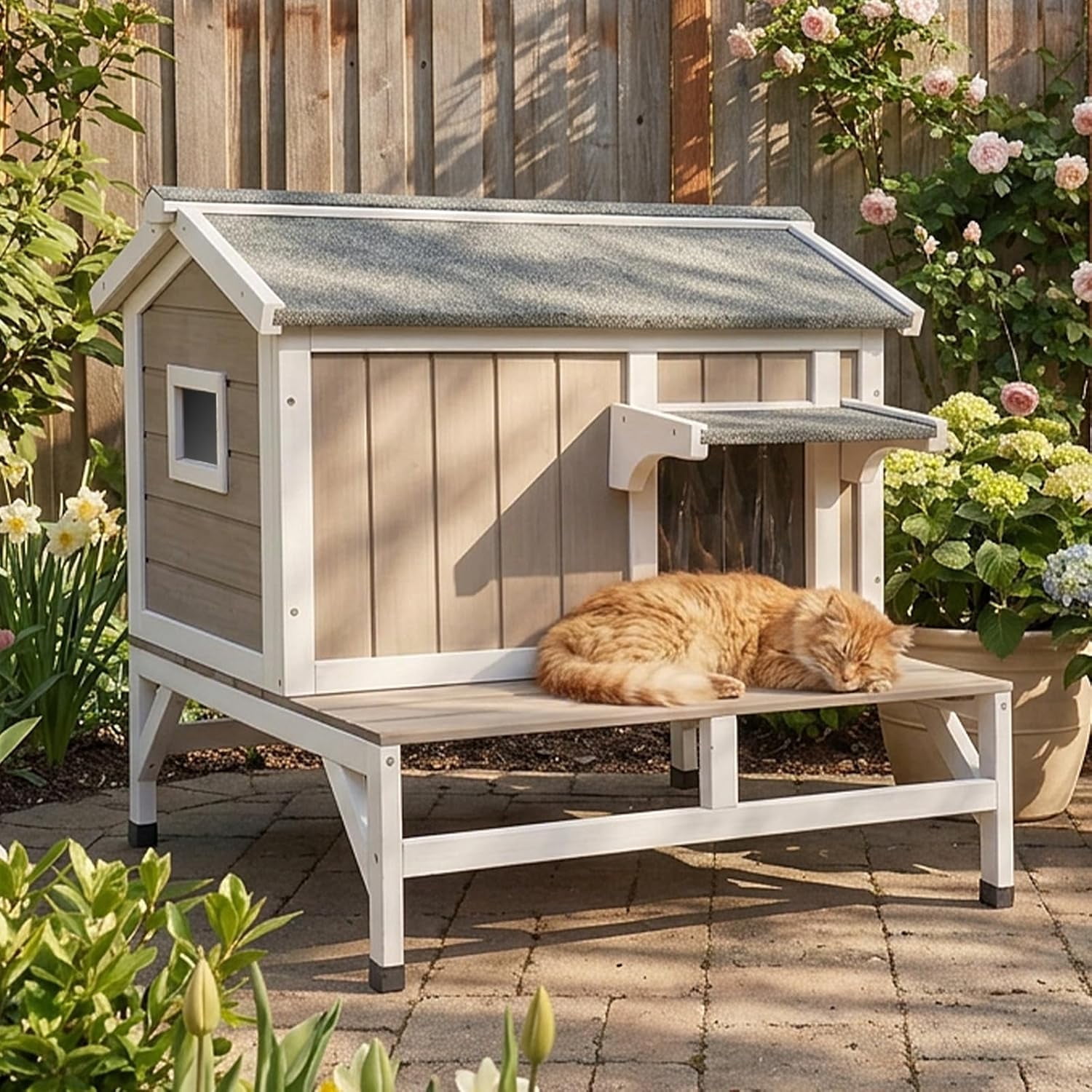 Petsblublu Insulated Outdoor Cat House for Winter with Balcony and Jumping Platform, Gray