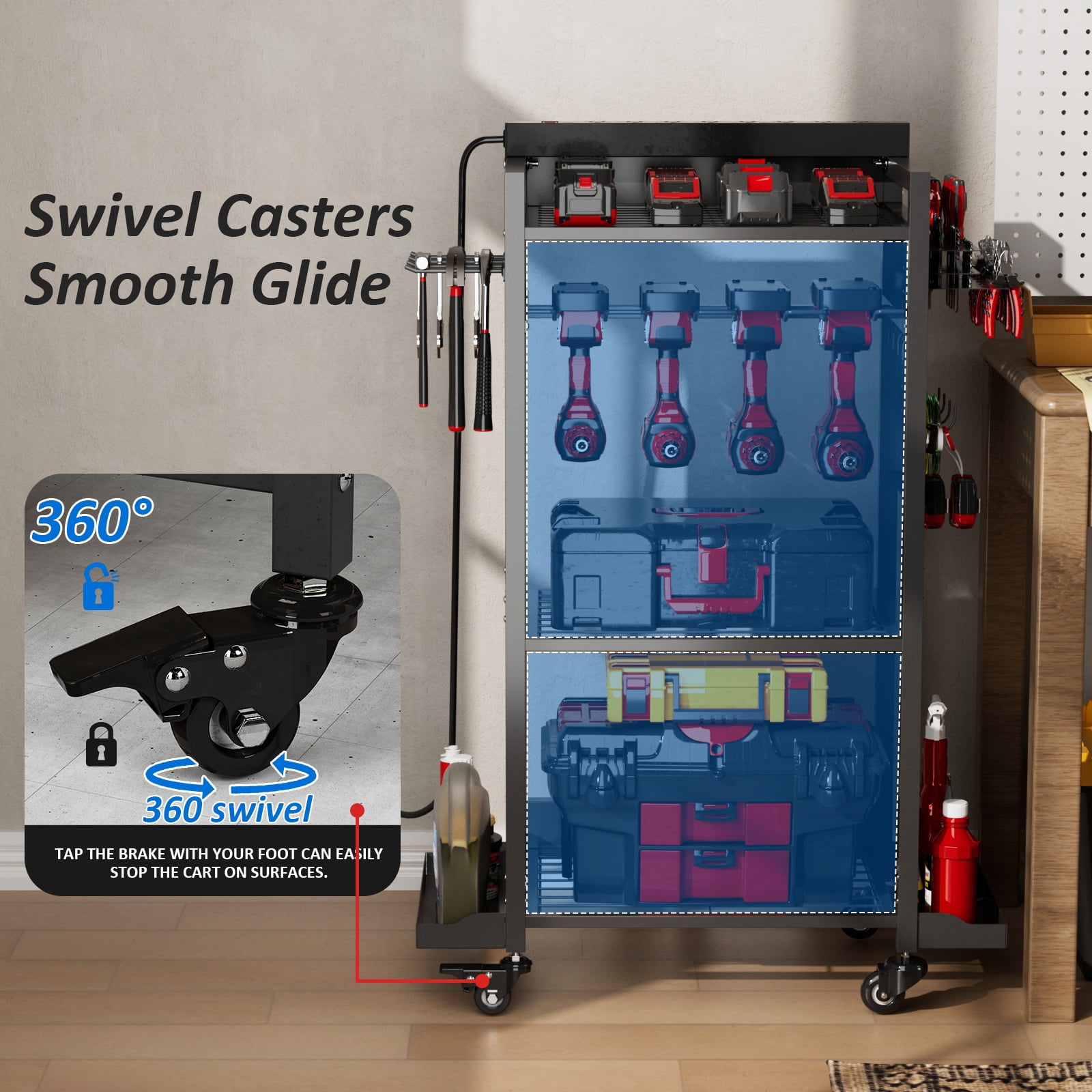 VDEVY Power Tool Organizer Cart with 8 Power Outlet & Adjustable Storage, Garage Workshop Tool Box Cart, Gifts for Men