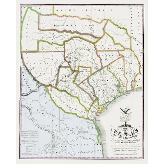 Historic State Map - Texas Settlement Grants - Tanner 1836 - 23 x 28.57 - Vintage Wall Art
