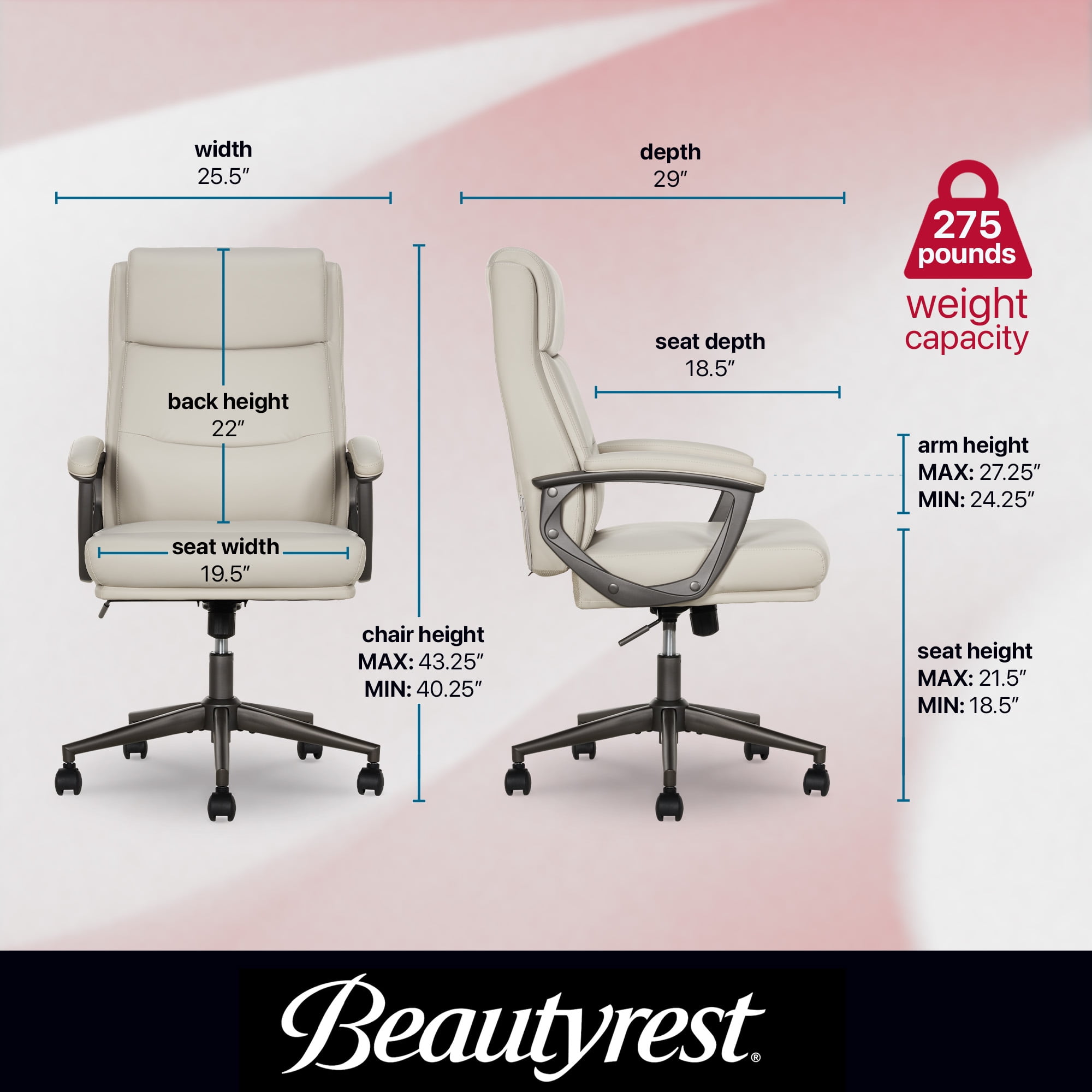 Beautyrest Amara Ergonomic Manager Office Chair with Padded Armrest for Teens and Adults, Ivory
