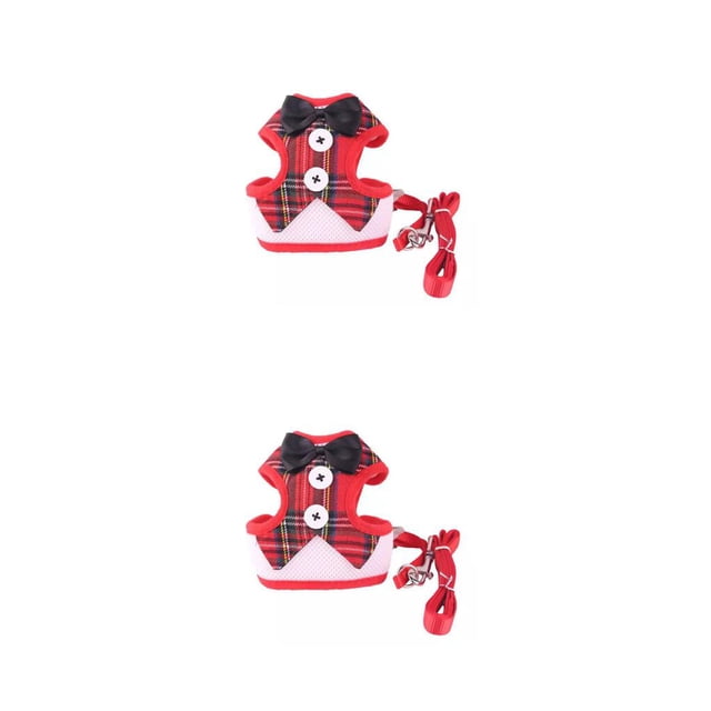 QualitChoice Puppy Harness Leash Set Kitten Escape Proof Collar Bowtie Wedding Breathable Suit Mesh Adjustable Hauling Cable Pet Vest Red grid/M 2Set
