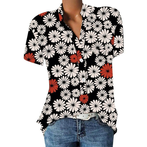 Camisas de verano para mujer, camisetas de manga corta con cuello en V para mujer con botones y estampado de flores OAVQHLG3B Store lin121212