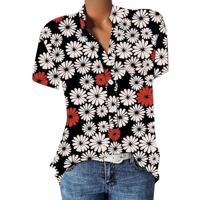 Camisas de verano para mujer, camisetas de manga corta con cuello en V para mujer con botones y estampado de flores OAVQHLG3B Store lin121212