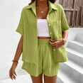 thumbnail image 4 of Maplenight Women's 2 Piece Outfits Lapel Long Sleeve Button Down Shirts and Drawstring Shorts Sets Casual Lounge Vacation Summer Sets, 4 of 9