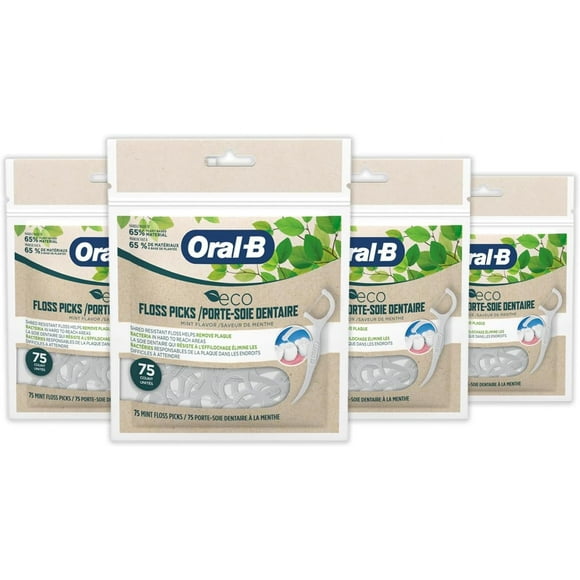 Oral-B eco Sustainable Dental Floss Picks, Mint, 75 Picks (Pack of 4)