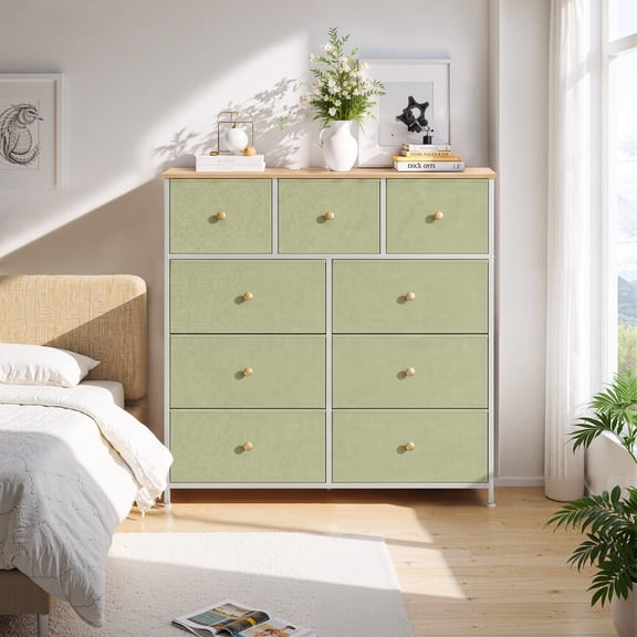 Dresser, Betcozy Storage Organizer with 9 Drawers for Bedroom, Chest of Drawers with Fabric Bins, Sturdy Metal Frame, Wood Tabletop for Guest Room, Closet, Entryway, Nursery, Light Green